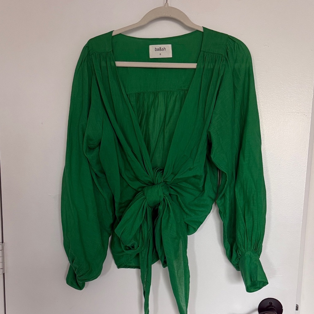 ba&sh Green Front-Tie Blouse with Puff Sleeves